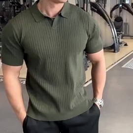 Men'S Summer Fashion Rib-Knit Polo Shirt | Short Sleeve, Lapel Collar, Rayon, Medium Stretch, Solid Color, Ideal for Business Travel and Casual Social Events