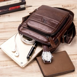 Double-layer business crossbody bag, portable shoulder bag casual bag, unisex Genuine Leather crossbody, top layer Genuine Leather square bag, Genuine Leather single-shoulder handbag