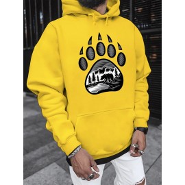 Plus-Size Men'S 3D Digital Print Bear Paw & Forest Graphic Hooded Sweatshirt - with Wildlife Design, Casual Long Sleeve Pullover, Regular Fit for Outdoor & Casual Attire, Nature-Inspired Men'S Fashion, Plus Size