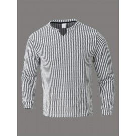 Men's Fashion Casual Long Sleeve Henley Shirt | Premium Houndstooth Jacquard Henley Collar T-Shirt | Notched V-Neck Design | Loose-Fit Comfortable Henley Tee | Essential Golf Wear | Breathable, Warm, and Skin-Friendly | for Indoor Gatherings and
